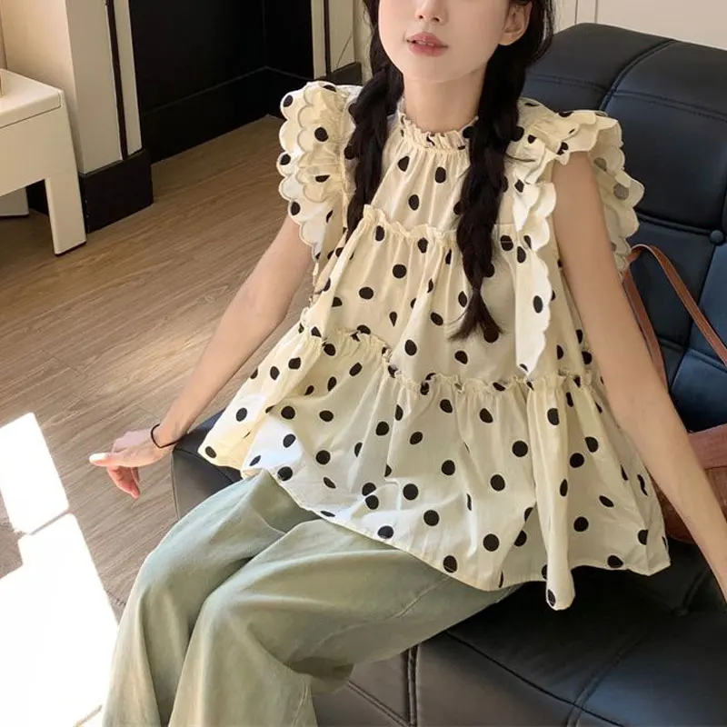 Women\'s Clothing Polka Dot Flying Sleeve Blouse Sweet Ruffles Loose Patchwork Summer Korean All-match Fashion Shirring Shirt New