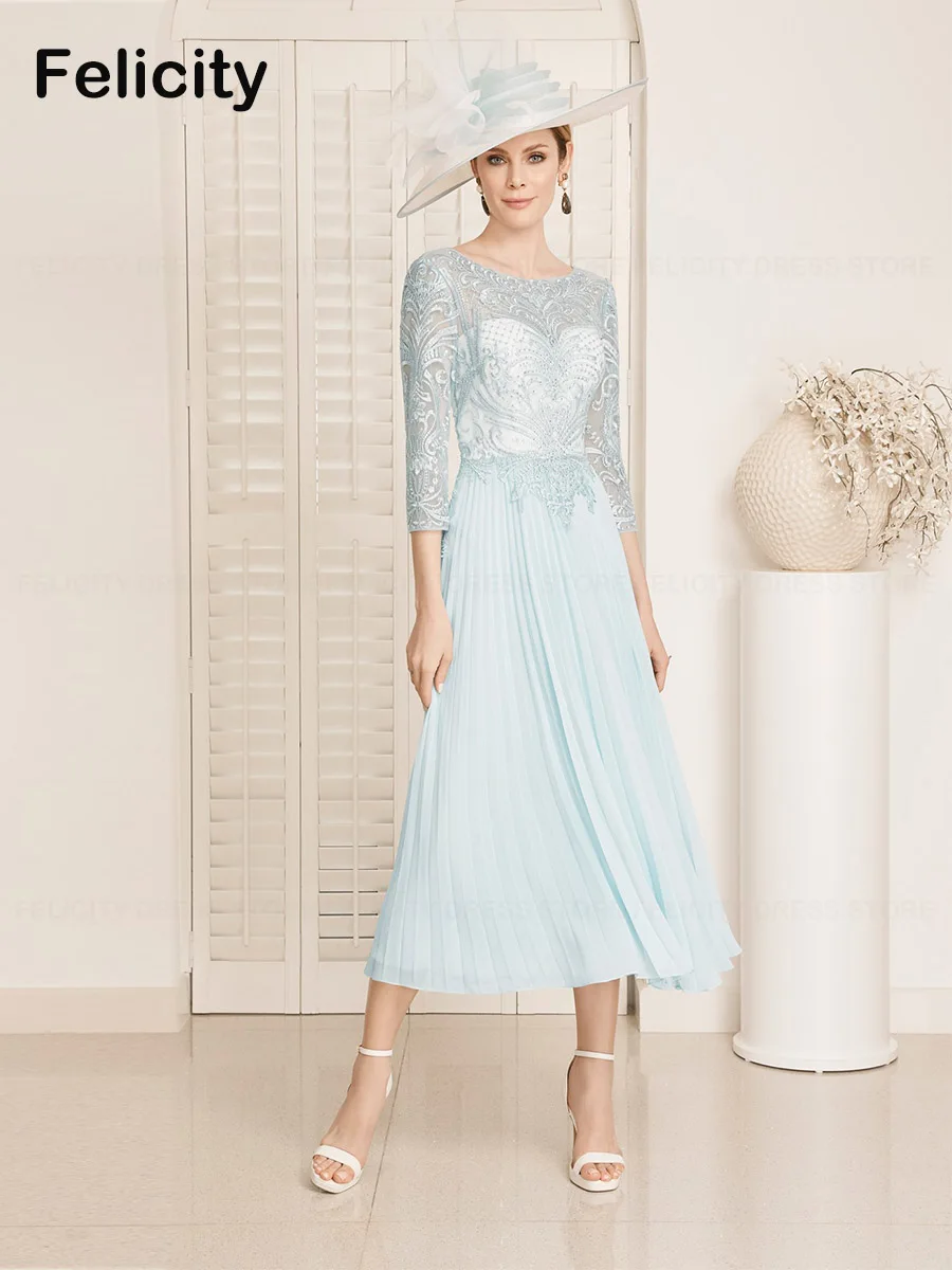 

Elegant Mother of the Bride Dresses 2023 A-line O-neck Tea-Length Lace Chiffon Beading Women Wedding Guest Dresses فساتين السهرة