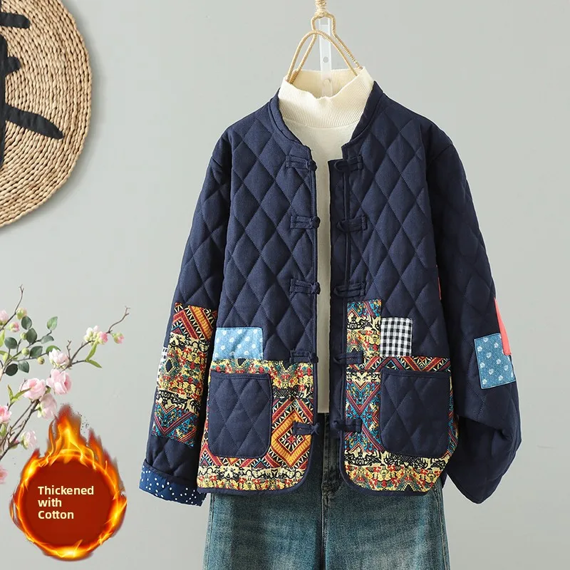 

Хлопковый открытый кардиган в стиле ретро в стиле пэчворк, легкий свободный повседневный зимний хлопковый топ с ромбовидным узором для женщин