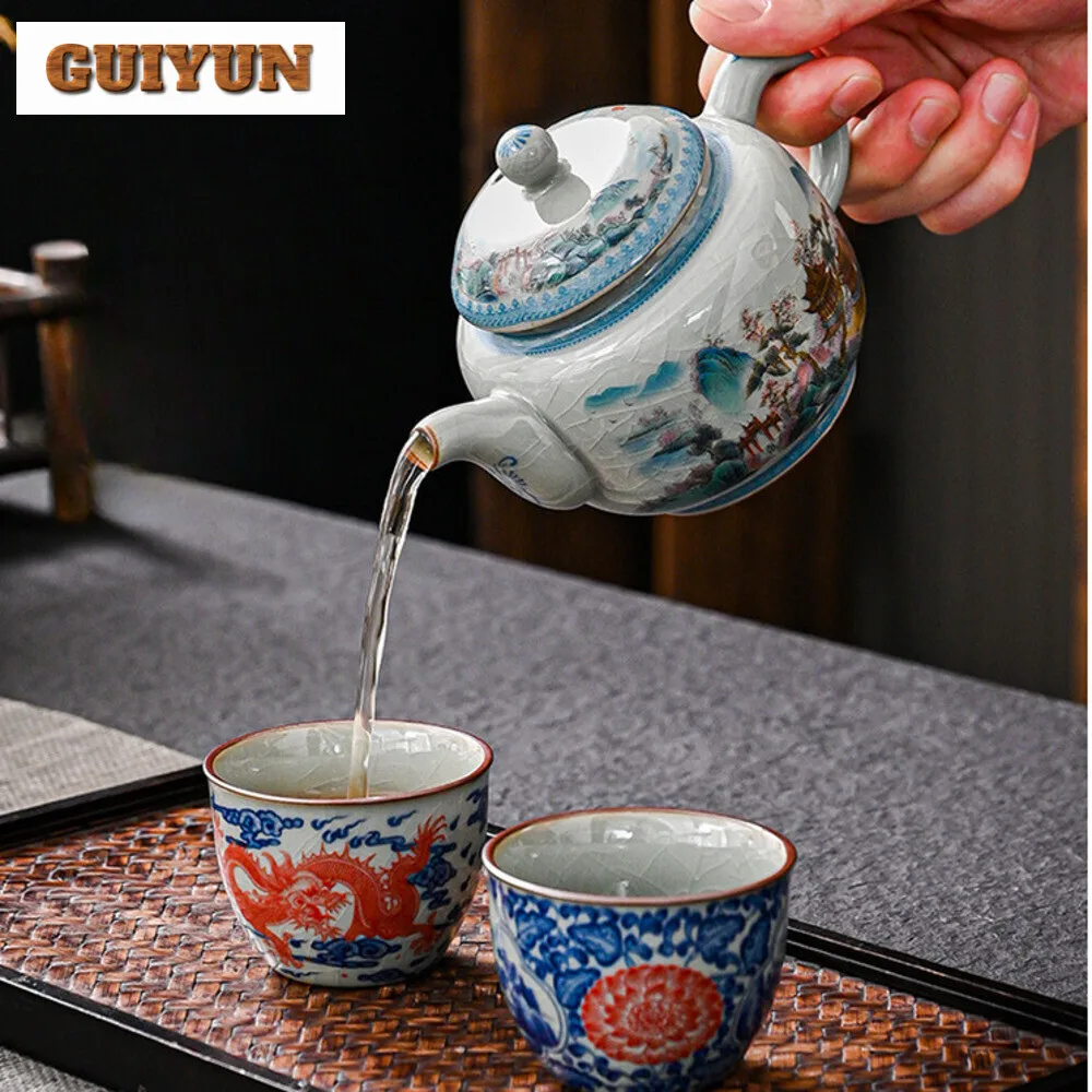 250ml Blue and White Porcelain Handmade Teapot Household Thousands of Miles Teapot Jingdezhen Pot Tea Making Kettle Teaset Gifts