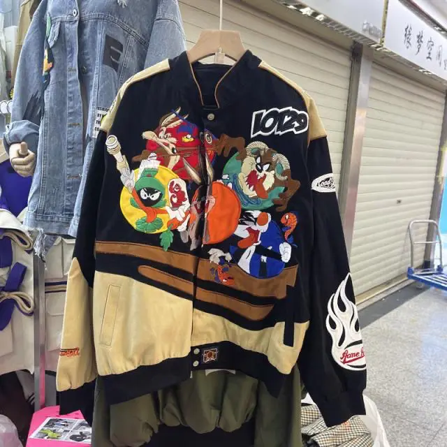 2024 New Autumn Winter Clothes Trendy Thick Coat Couple Outfit Hip Hop Biker Baseball Jacket Cartoon Embroidery Streetwear Coats