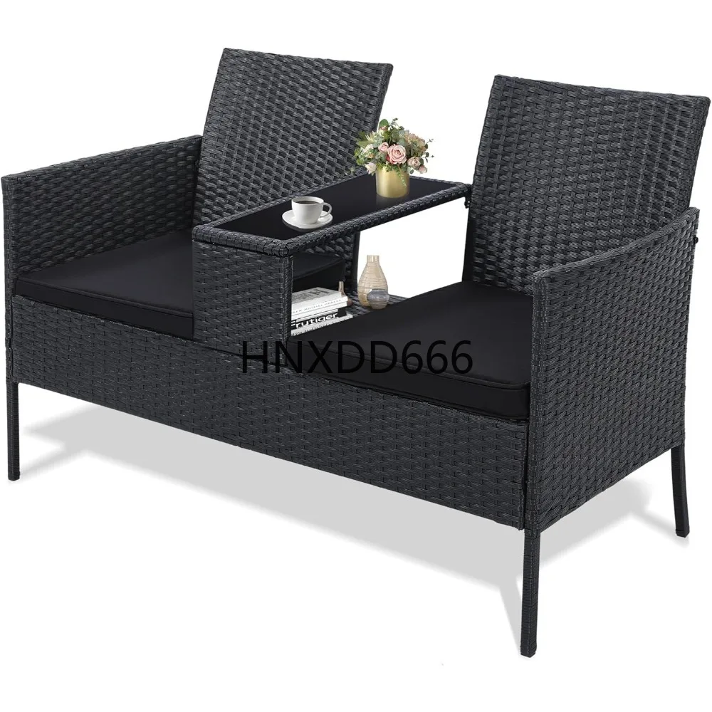 

2 Seat Patio Conversation Set, Outdoor Rattan Loveseat with Table, Washable Cushion Covers, Garden Furniture Sets