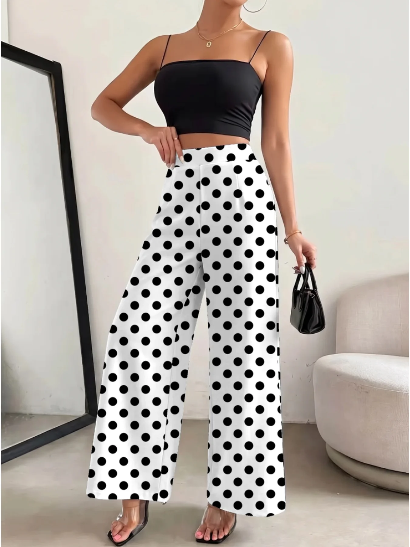 Women's Elegant Wide Leg Pants Solid Color Polka Dot Casual Comfortable Elastic Waist Long Trousers