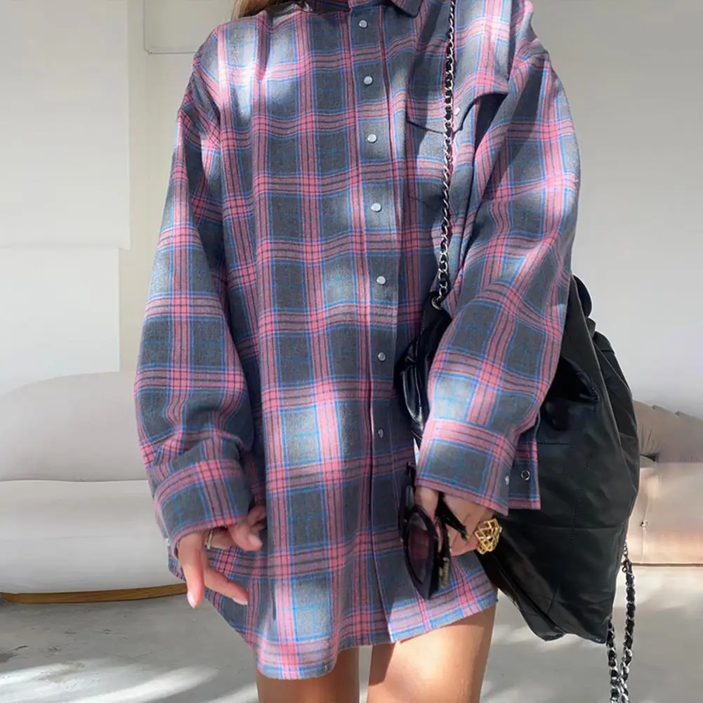 

Women Coat Spring New Loose Plaid Pocket Splicing Shirt Coat Women Long Sleeve Single-Breasted Cardigan Turn-down Collar Coat