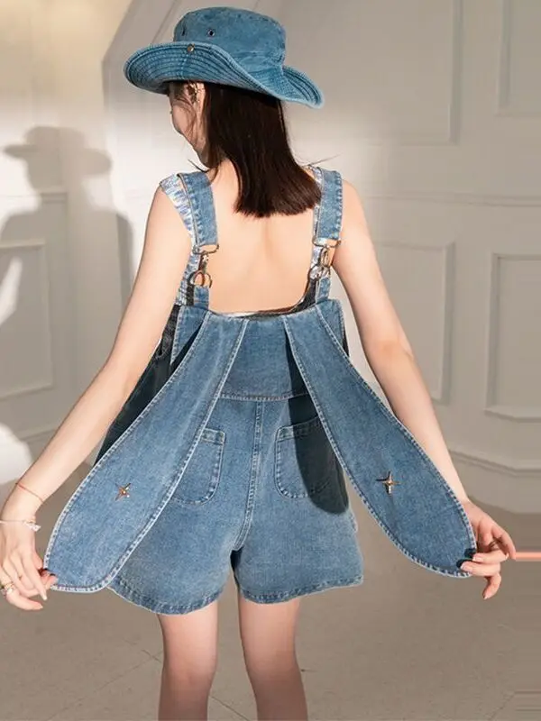 

Slimming Rabbit Ear Denim Overalls Women's Summer Thin Large Size Onesie Faionable orts Sister in plus Size Clothing