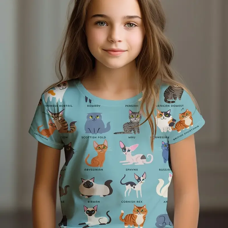 Kids Clothes Children's T-Shirt Girl Short Sleeve Top Cartoon Cat Kawaii Girls Summer Clothes Child T-Shirt Children's Clothing