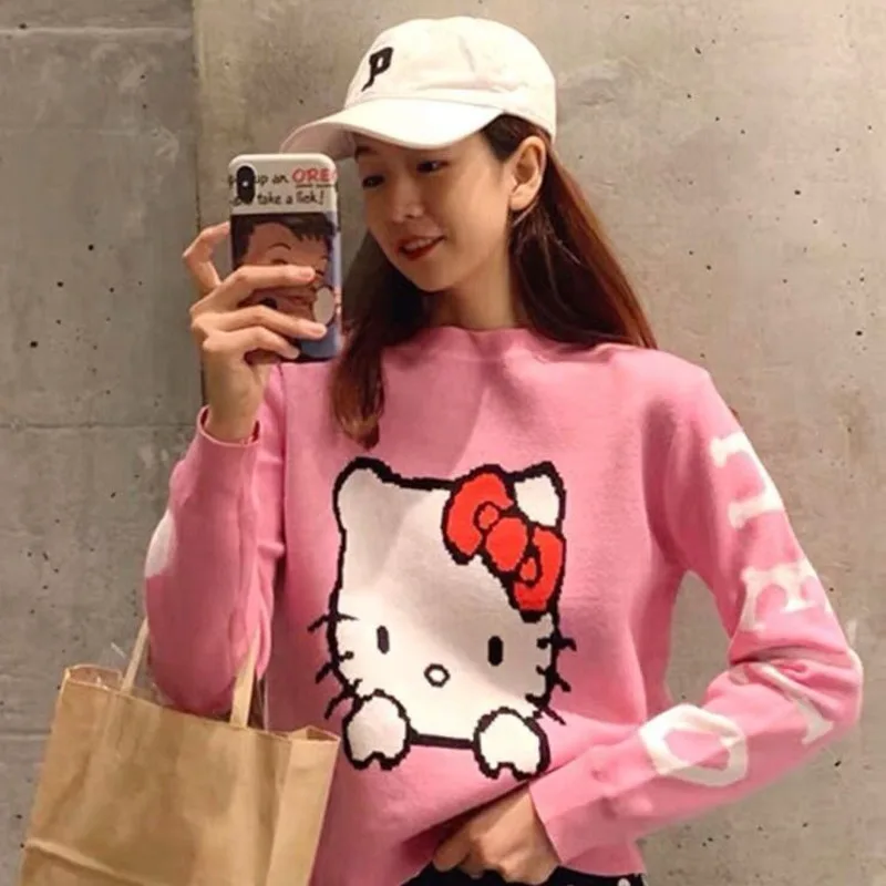 Sanrio Hello Kitty Long Sleeve Knitwear Fashion Crop Tops Women Sweater Slim Fit Korean Cartoon Round Neck Pullovers Y2k Clothes