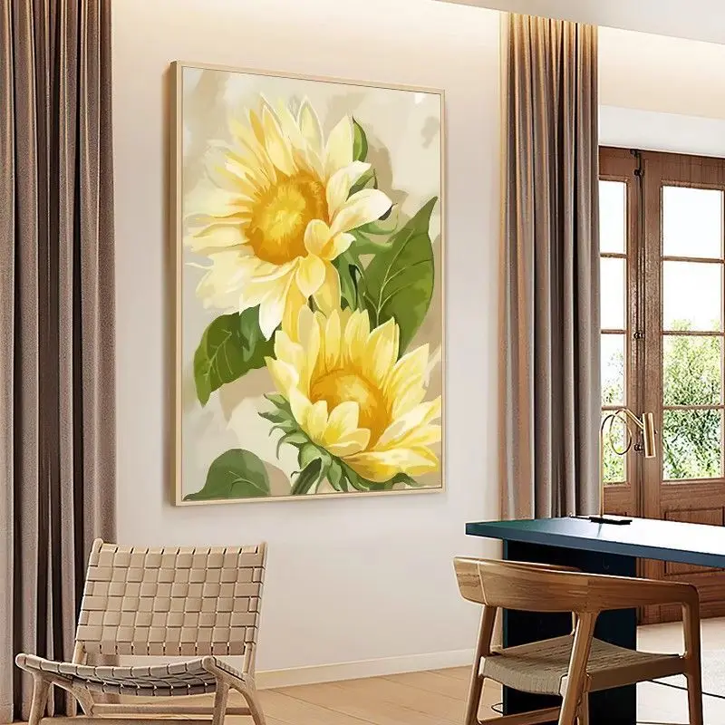 Pure handmade cross stitch finished product with sunflowers growing in the sun, vertical version, entrance, living room,