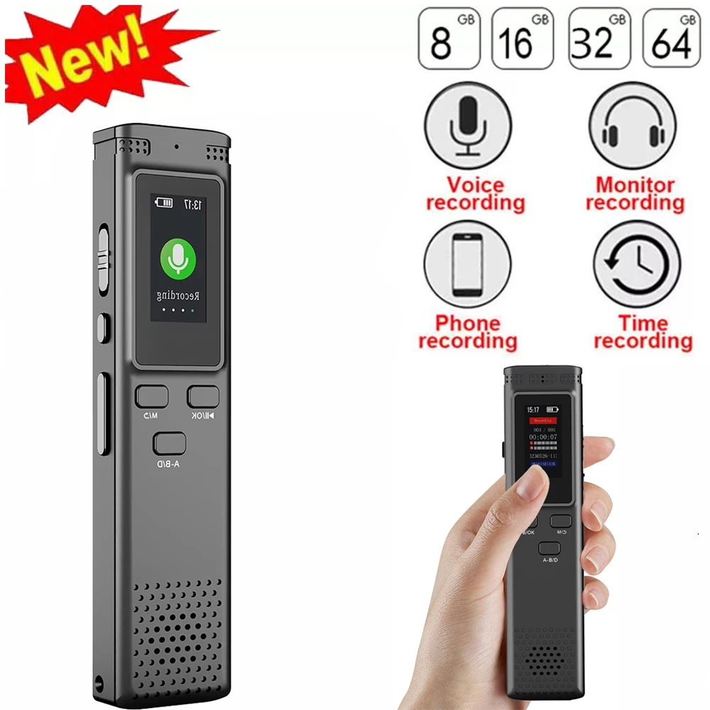 64GB/16GB/8GB Digital Voice Recorder Voice Activated Audio Recording Noise Reduction with MP3 Music Player 288hrs Recording File