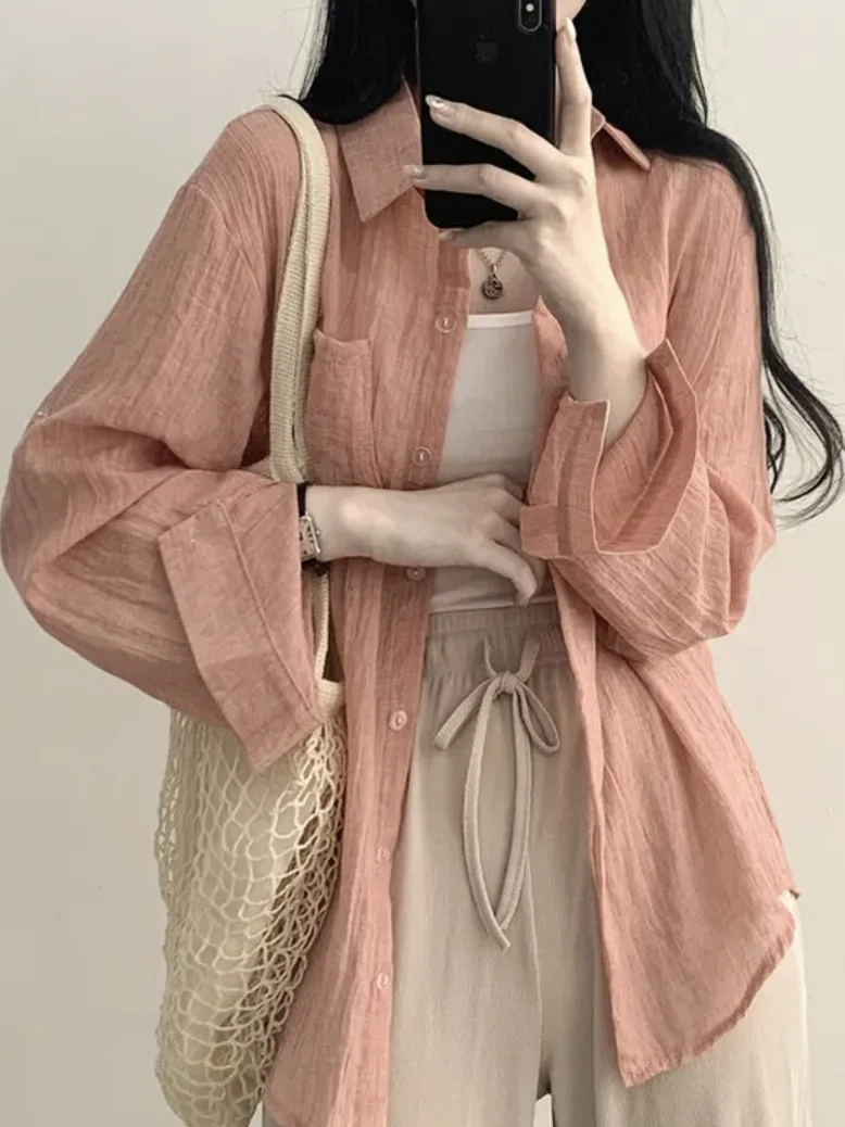 

Новинка лета Ice Cr Color Loose Long Sve женская irt защита от солнца сложенный дизайн для поездок на работу тонкий материал чистый цвет