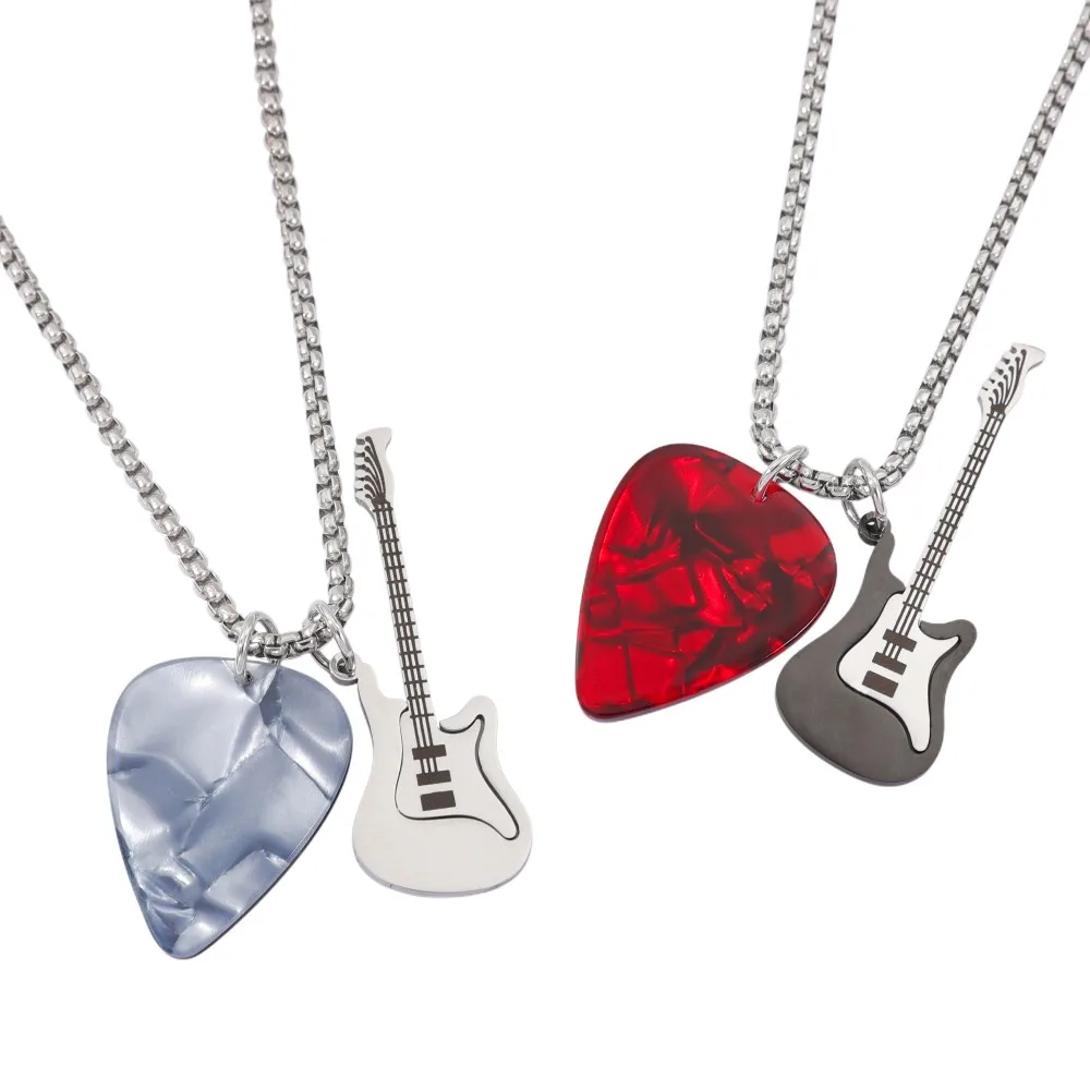 Punk Rock Guitar & Guitar Pick Pendant Necklace Silver Chain Hip Hop Music Themed Jewelry for Men Women Musician Party Gift
