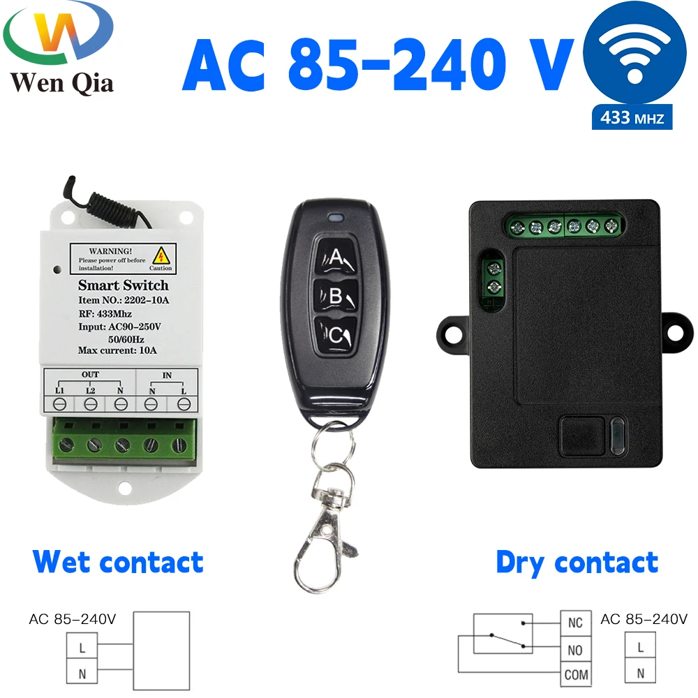 Wenqia RF 433MHz AC 110V 220V Dry Contact Wet Contact Remote Control Switch Garage Curtain Roller Shutter Light Motor Controller