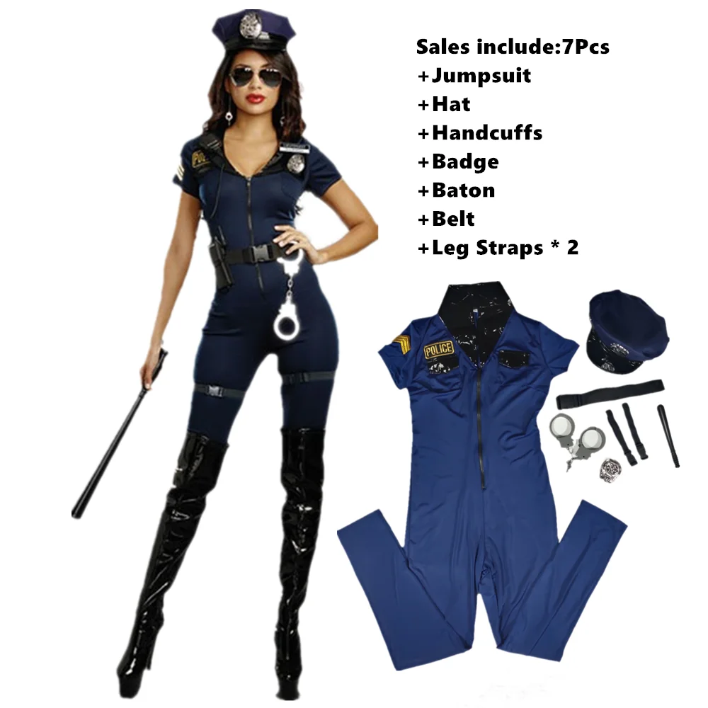 Sexy Female Cop Officer Costume Fancy Dress Policewoman Uniform Halloween Adult Women Police Cosplay Jumpsuit