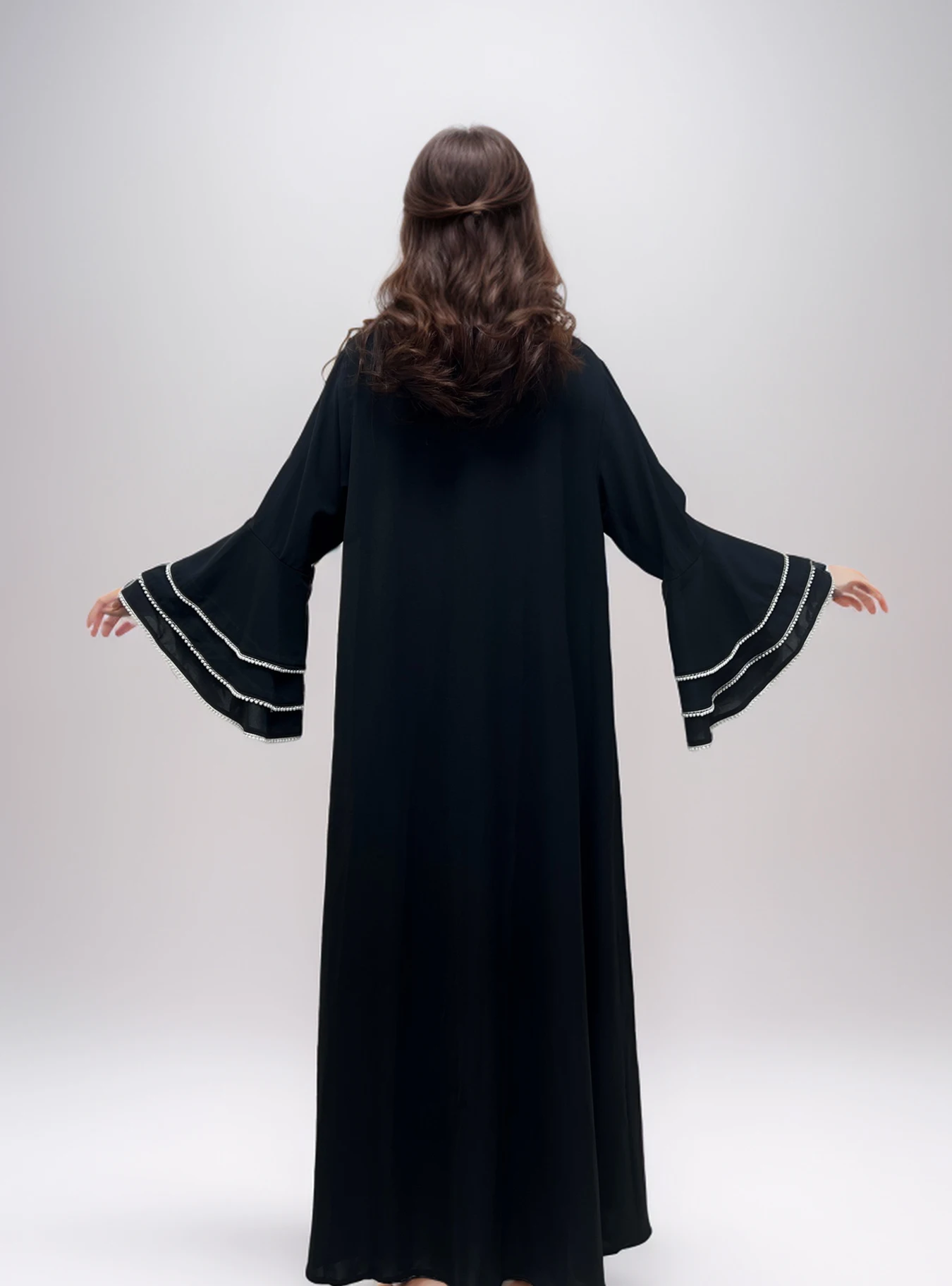 Pearl flared long sleeves full placket Muslim kaftan abaya
