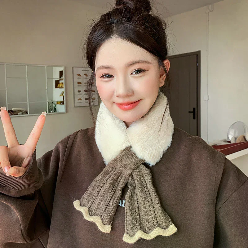 

Зимний плюшевый шарф, женский толстый шарф из искусственного кроличьего меха, воротник, вязаный крест, уличный велосипедный ветрозащитный шарф для шеи, защита шеи, теплый