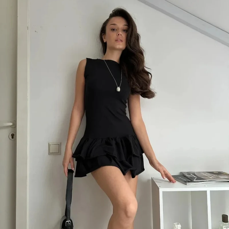 Em torno do pescoço sem mangas cintura cortada magro em camadas babados splice moda elegante cor sólida quente menina sexy colete mini vestido feminino