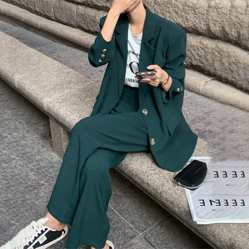 

Women's 2023 Fashion New Single Breasted Loose Dark Green Blazer Set Female Jacket+Casual Wide-Leg Pants Suit Outerwear Outfit