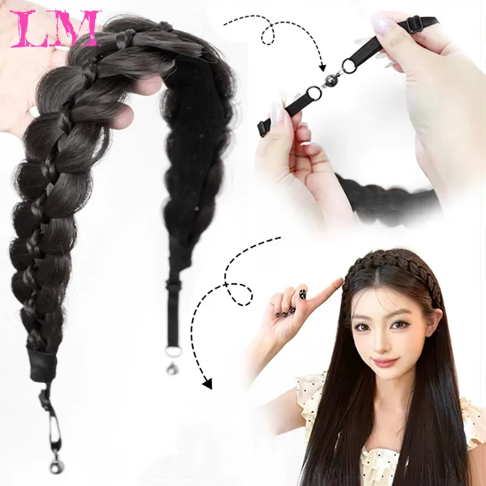 LM Synthetic Fishbone Braid Wig Headband Magnetic Attraction Design Fluffy Fishbone Synthetic Braids Hair Extensions Elastic Hea