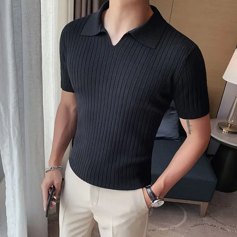 Korean Business Casual Summer New Ice Silk Men\'s Short Sleeved Polo Shirt Lapel Solid Jacquard Stripe Screw Thread Slim Thin Top