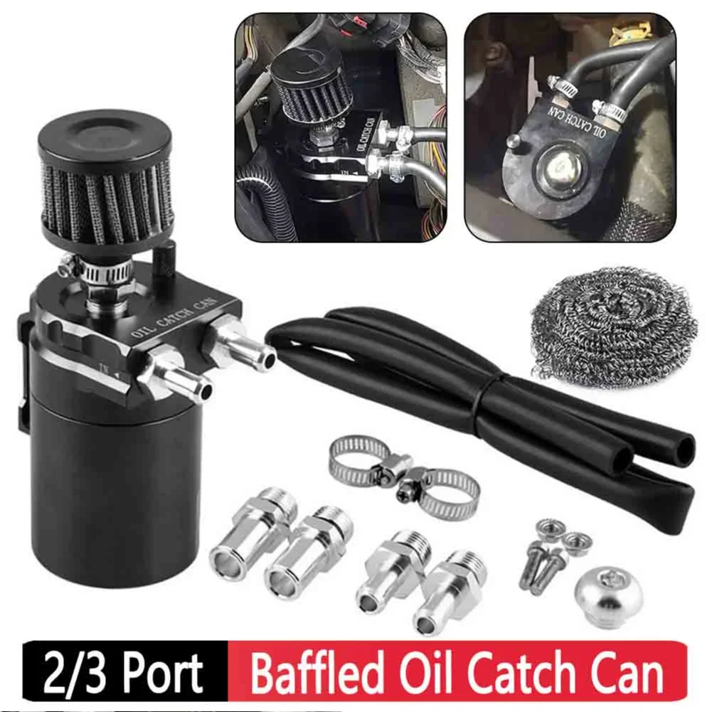 Universal Car Racing Baffled Aluminum 2-Port/3-Port Oil Catch Can Tank Reservoir Separator Oil Dipstick Hole Breathable Kettle