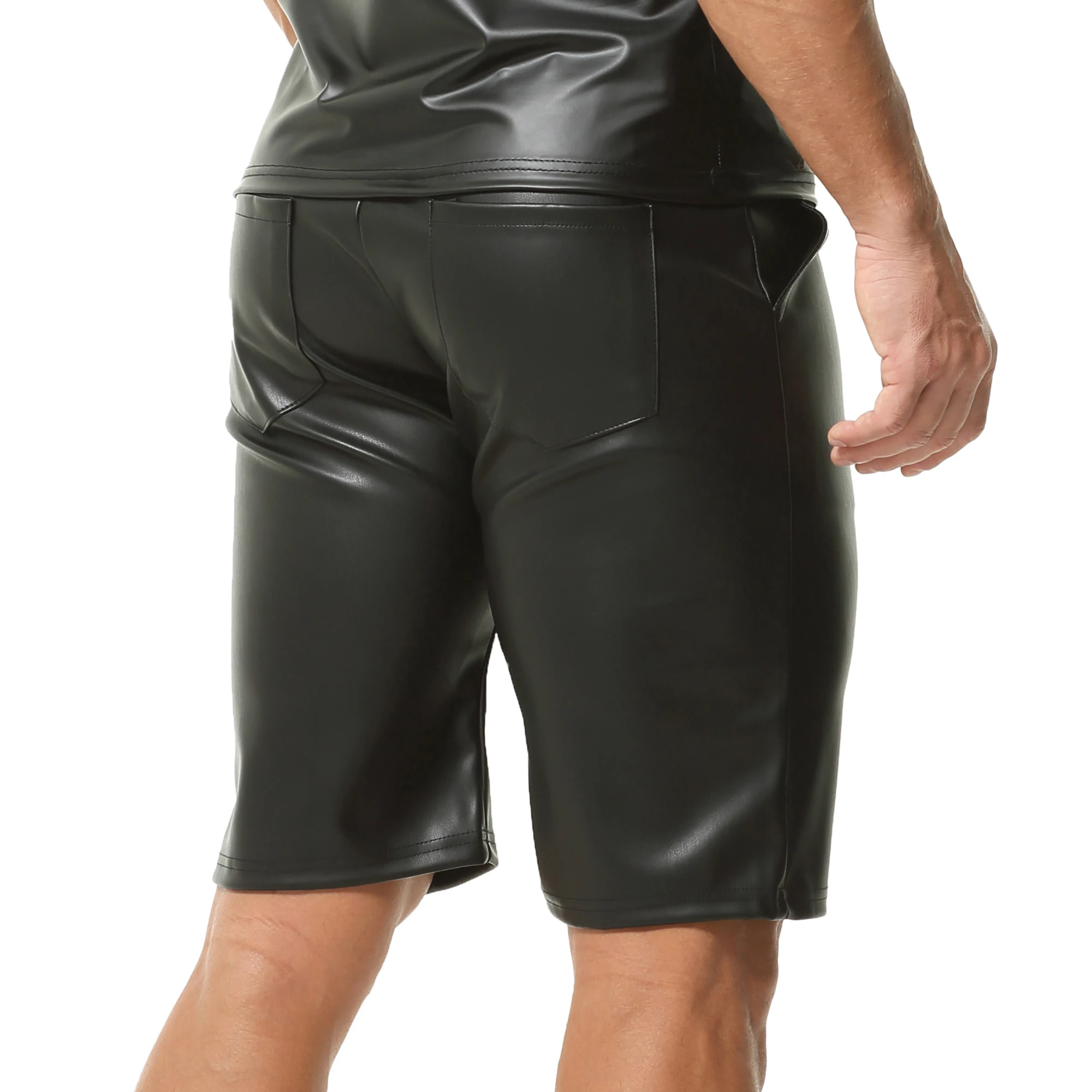 

Fashion Men's Black Faux Leather Slim Fit Punk-Style Trousers Party Clubwear Male PU Leather Casual Pants/Shorts with Pockets
