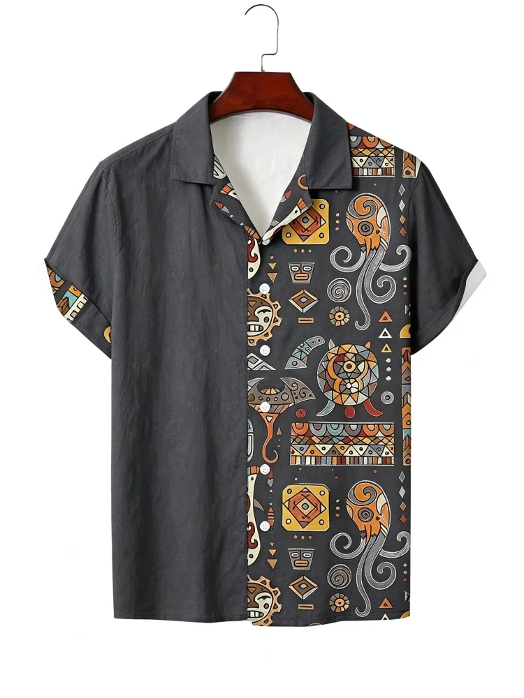 Men's Cuban Collar Asymmetrical Splicing Short Sleeved Shirt Maya Tribe Totem Marine Creature Print Vacation Shirt