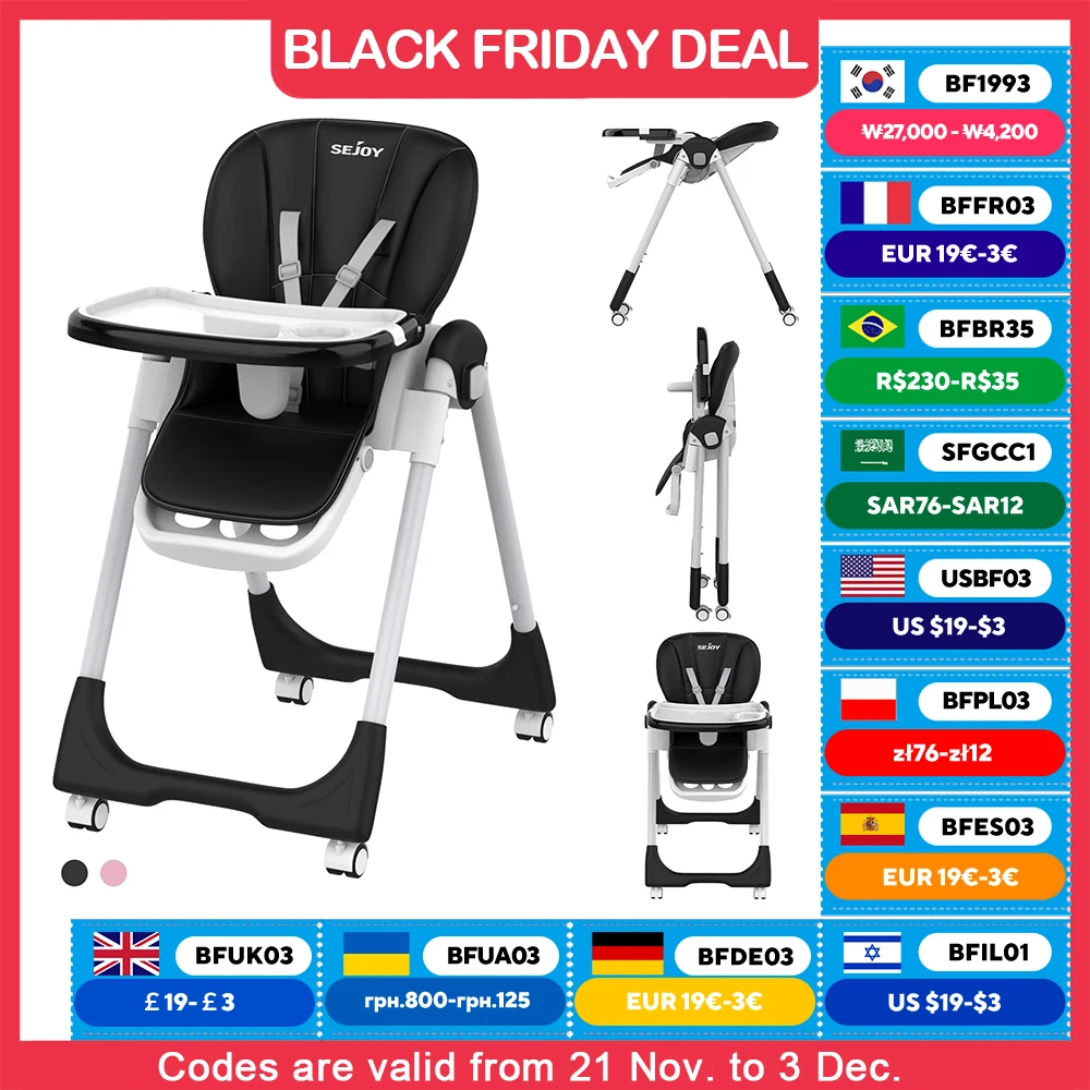 SEJOY Baby High Chair Ajustable Backrest And Pedals Design, Sturdy Metal Material, Foldable Multifunctional Baby Dining Chair