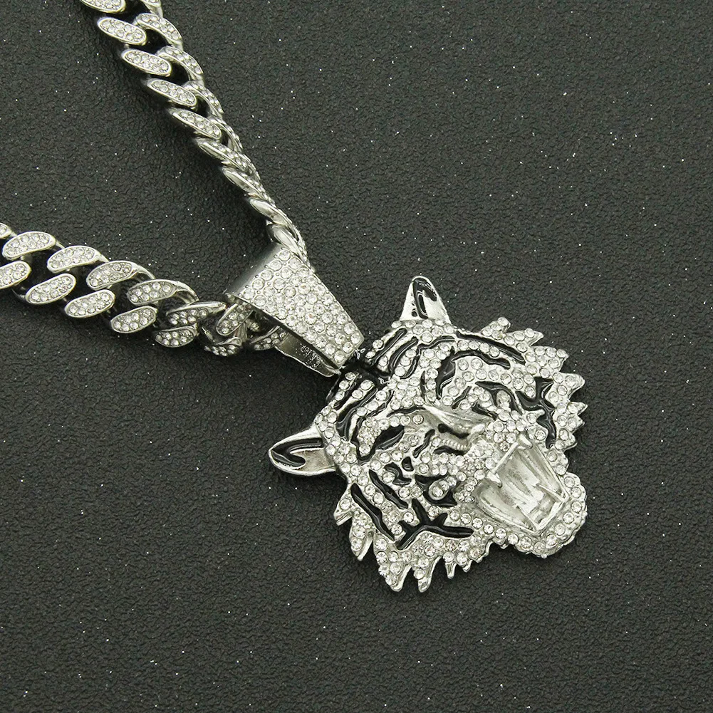 Hip Hop Iced Out Cuban Chains Bling Diamond Animal Tiger Pendant Mens Necklaces Miami Gold Chain Charm Mens Jewelry Choker Gifts