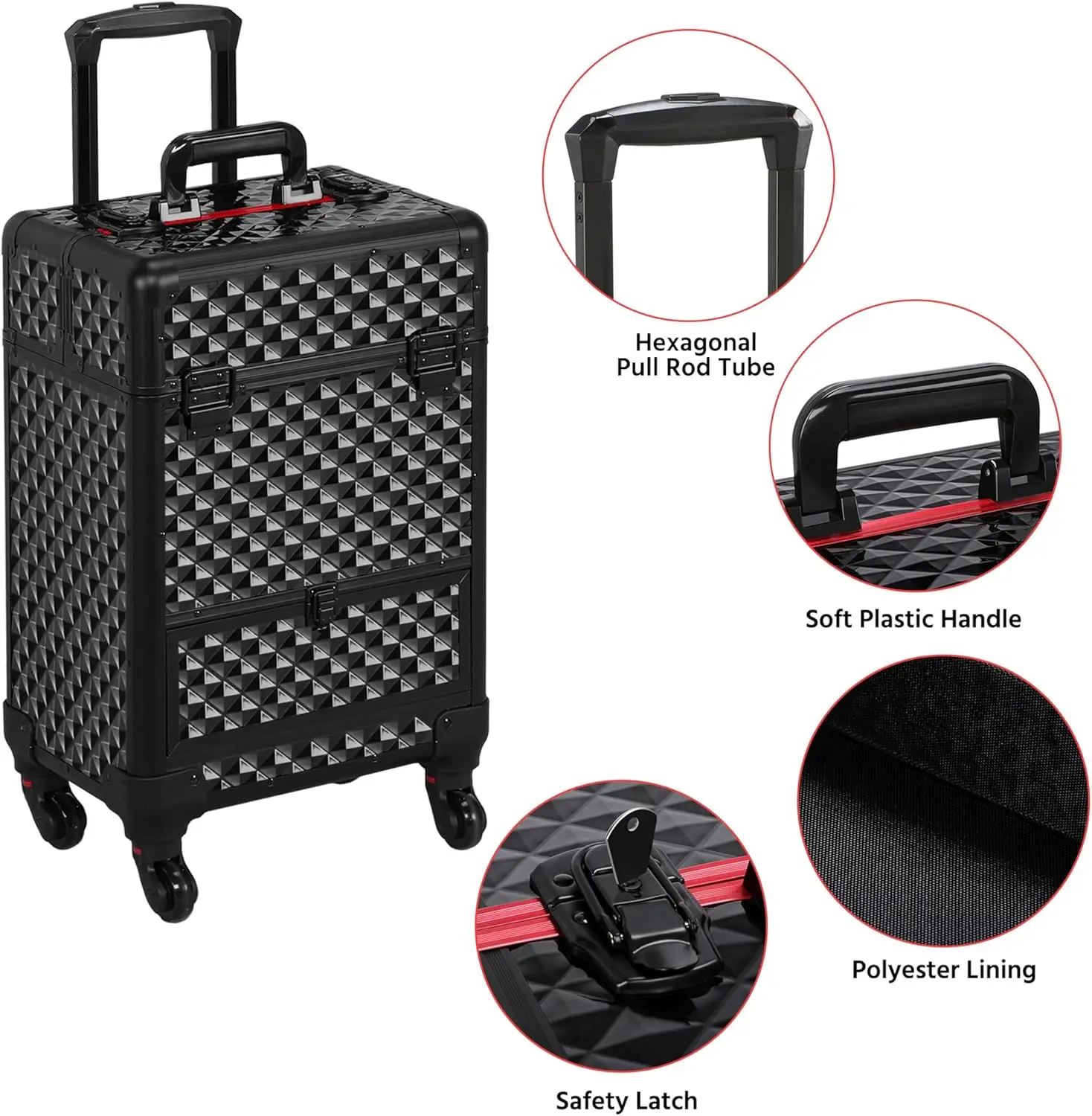Rolling Makeup Train Case with Wheels, Lockable Travel Trolley, Sliding Drawers, Removable Divider in Black/Red