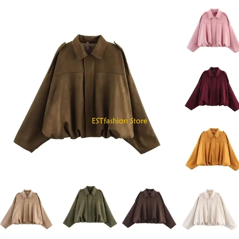 

Y5GC Women's Faux Suede Bomber Autumn Lapel Casual Oversized Long Sleeve Street Outerwear