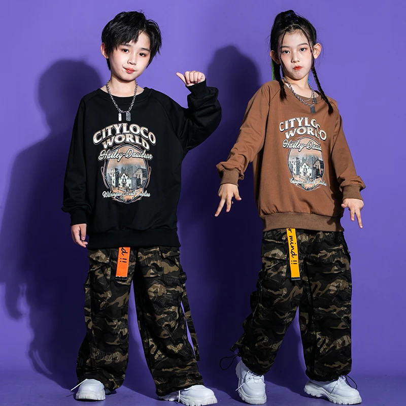 Kid Hip Hop Clothing Print Sweatshirt Top Camouflage Tactical Cargo Pants for Girl Boy Jazz Dance Costume Clothes Outfits Set