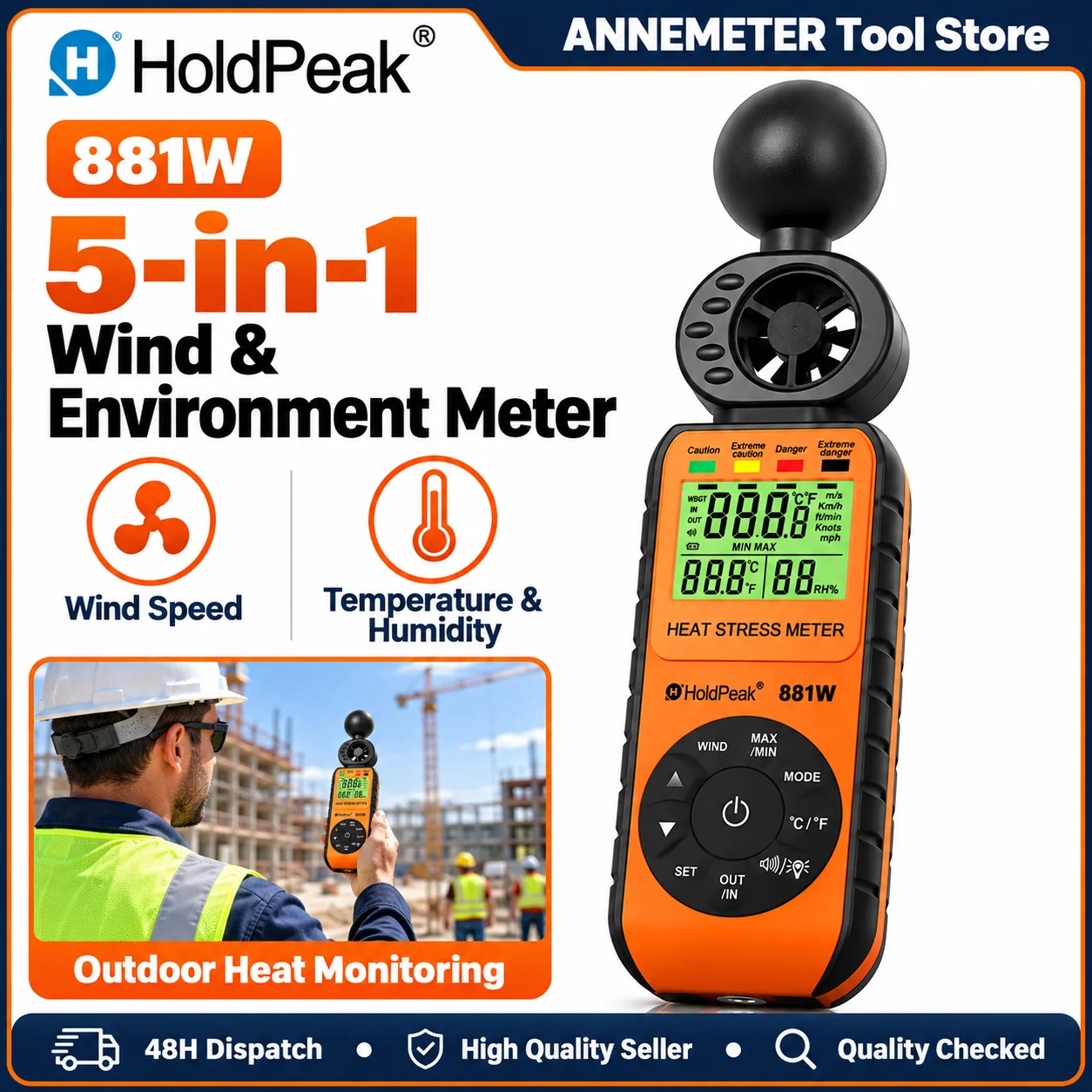 HoldPeak WBGT Heat Stress Meter Handheld Digital Anemometer Wind Speed Temperature Humidity Tester for Outdoor Working