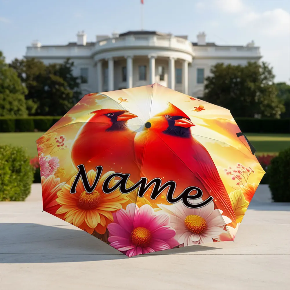 Custom Name Umbrella Pair Of Red Cardinal Birds Sunlight Floral Print Folding Umbrella, Portable Travel Parasol For Men Women