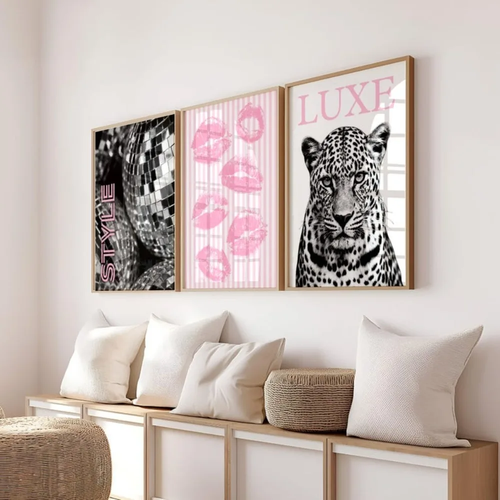 3pcs Frameless Fashion Gallery Printing Fashion Leopard Printing Kiss Disco Ball Printable Decor Fashion Magazine Pink Gorgeous