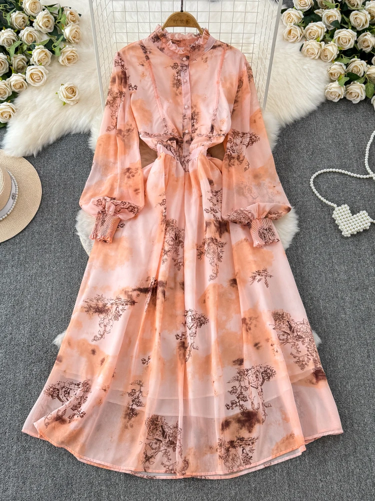 Women French Printing Chiffon Dress Spring Autumn Stand Collar Button Slim Long Dresses Ladies Bubble Sleeve Floral Long Robe