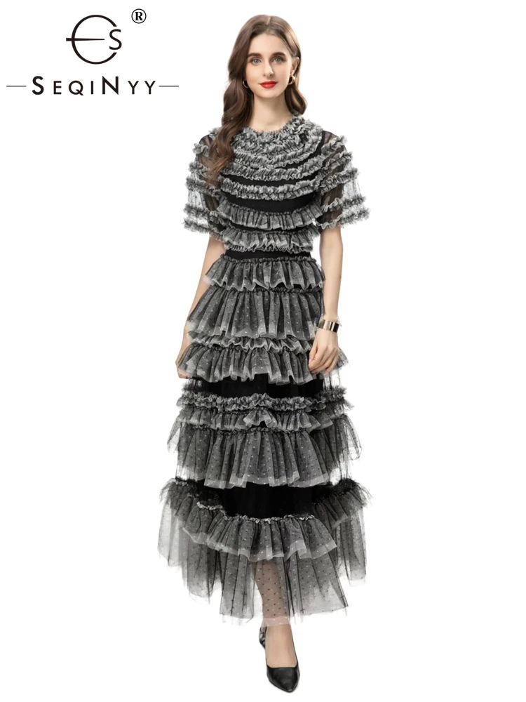

SEQINYY Elegant Black Dress Summer Spring New Fashion Design Women Runway High Street Short Sleeve Mesh Ruffles Party Holiday