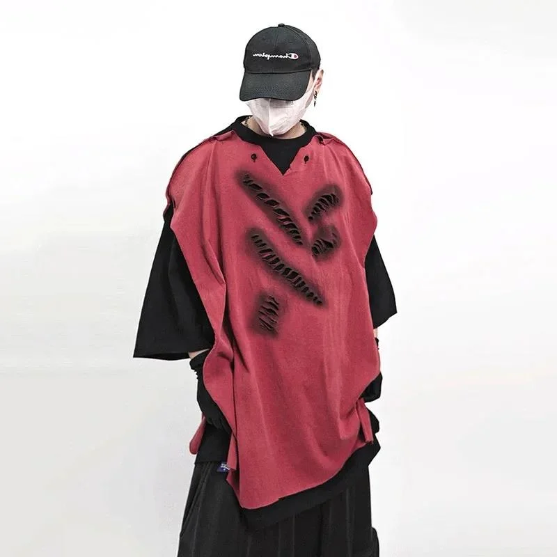Men Fake Two Piece Distressed Oversized T Shirts Streetwear Avant Garde Vintage Fashion Tops 2026 Summer New ZAW3