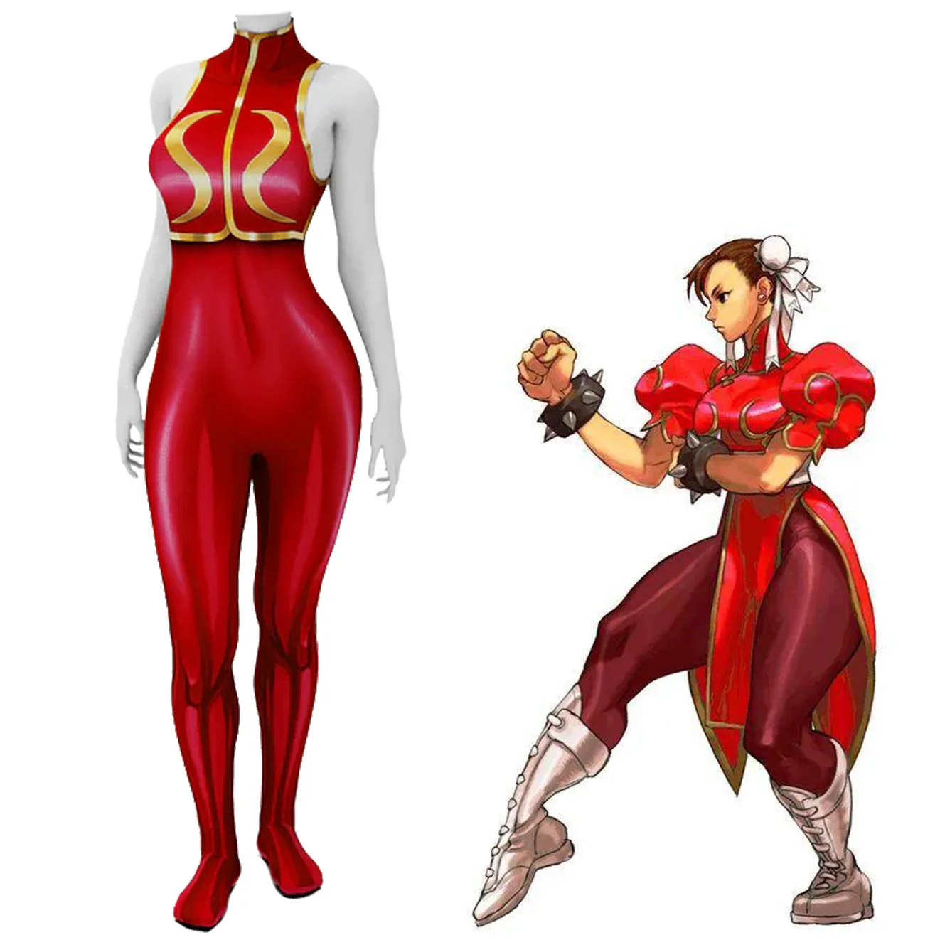 Game Chun Li Cosplay Jumpsuit Adult Women Sexy Red Battle Bodysuit Halloween Carnival Party Superhero Disguise Catsuit