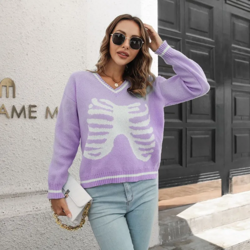 Jacquard V-neck Sweater Women's Loose Autumn and Winter Long Sleeved European and American Knit Sweater