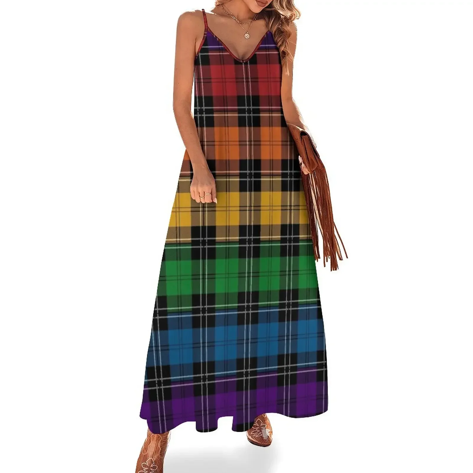 

Seamless Reapeating Plaid LGBTQ Pride Rainbow Flag Pattern Sleeveless Dress Female clothing luxury woman evening dress Dress