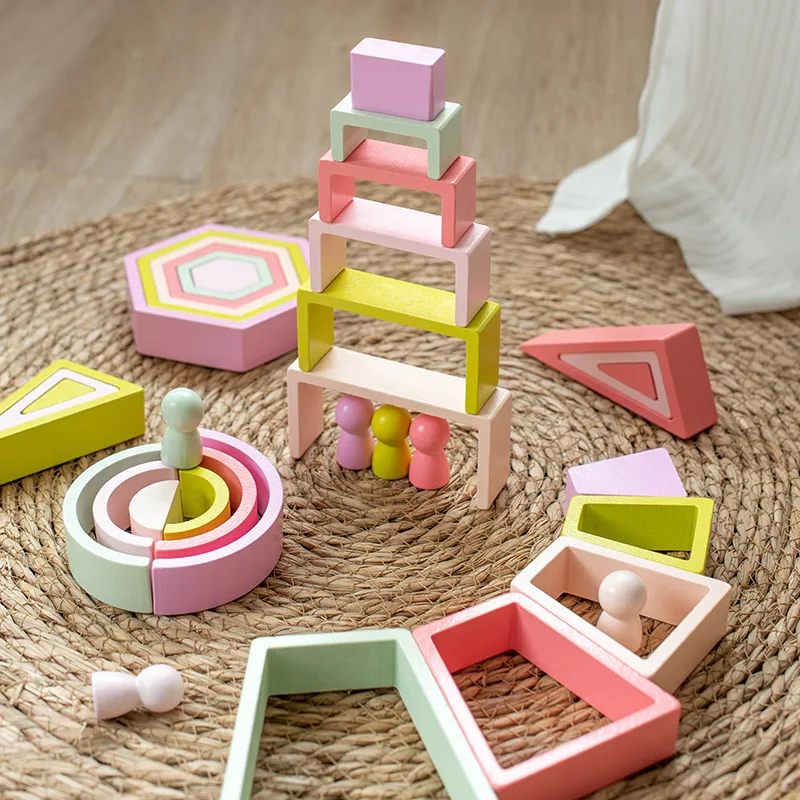 Geometric shape rainbow building block wooden stacking music number addition  subtraction operation children's early education