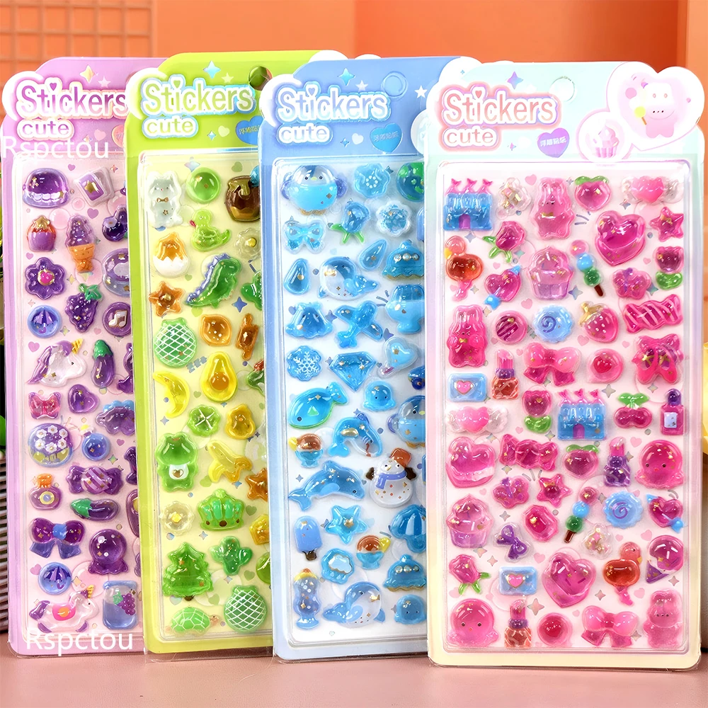 

4pcs Cute Rabbit Bear Marine Animals 3D Relief Stickers Kawaii Cartoon Crystal Decals Luggage Phone Guitar Reward Sticker Pack