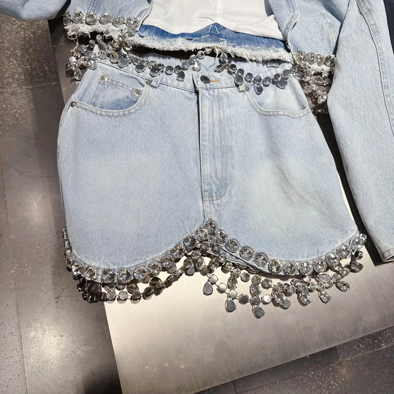 2023 Autumn New Long Sleeve Fashion Diamond chain decoration short denim jacket for Women jean Coat Y4361