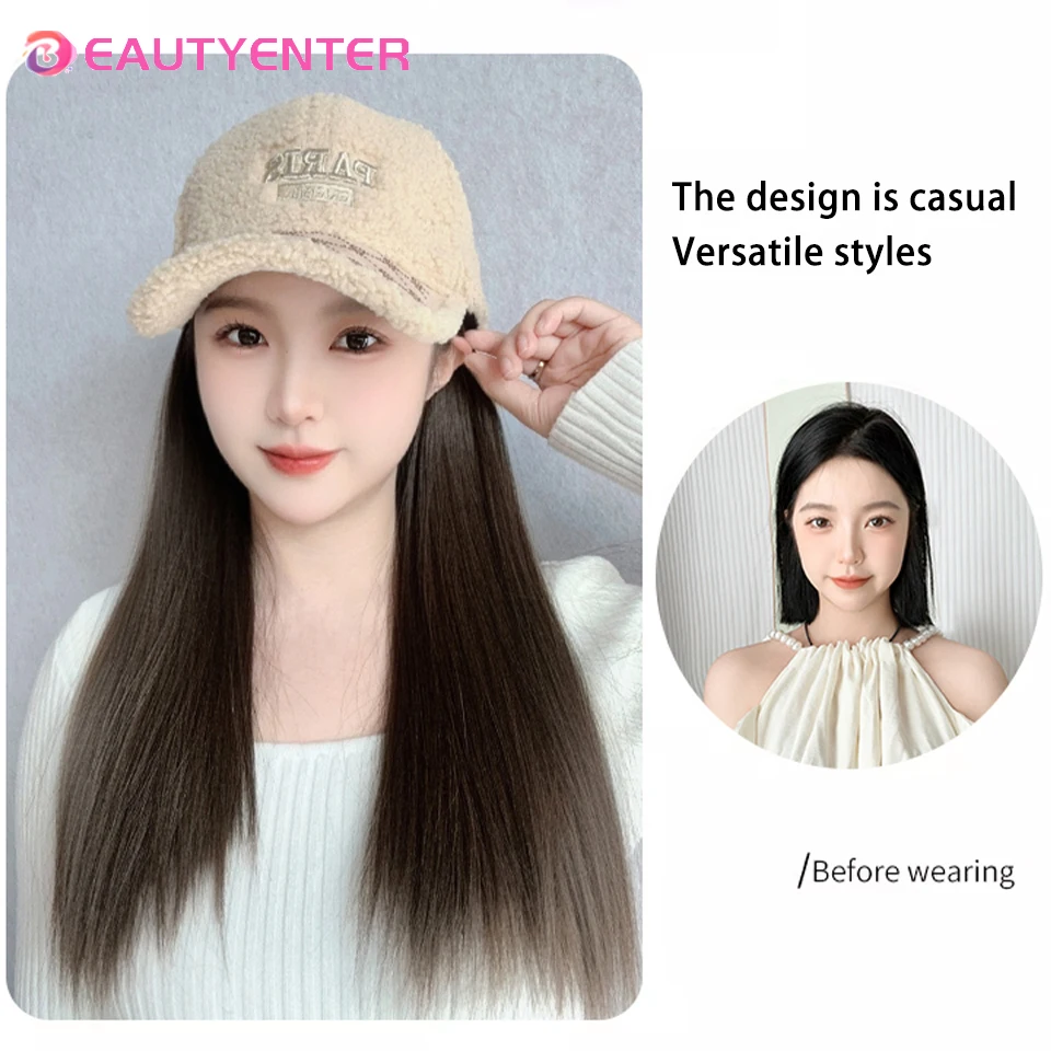 Hat Wig Hat With Hair Wigs For Women Synthetic Beige lamb down duck tongue cap with long straight Wig Heat Resistant