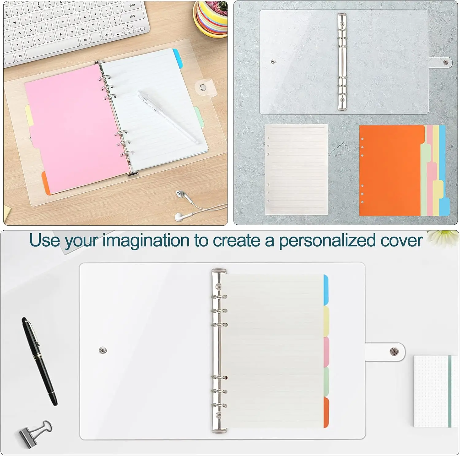 New A5/A6 Binder Refillable Planner Notebook 6 Ring Transparent PVC Binder Journal with 5 Dividers and  80 Line Refill Paper
