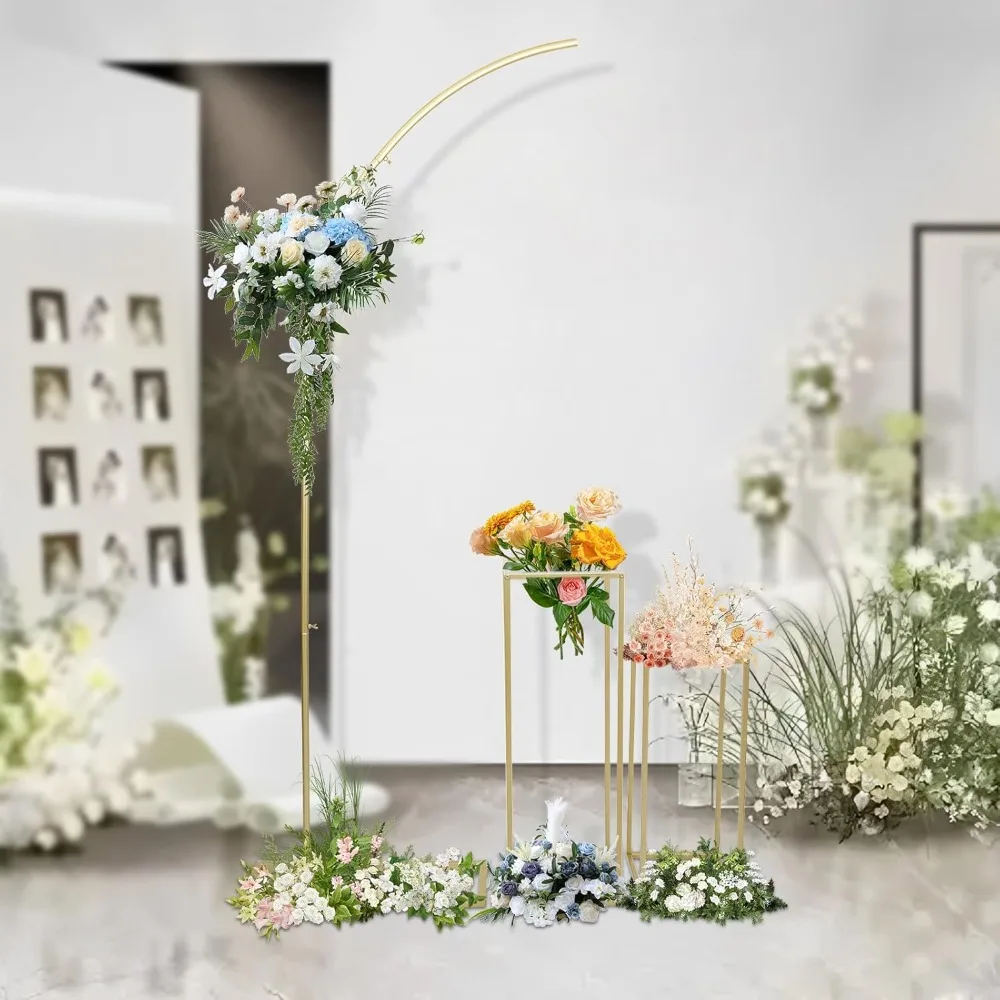 

3PCS Gold Wedding Decor Stand Set: 2M Arch + 2 Rectangular Flower Stands - Steel Pipe Baking Paint, 22.05Lbs Load, for Party
