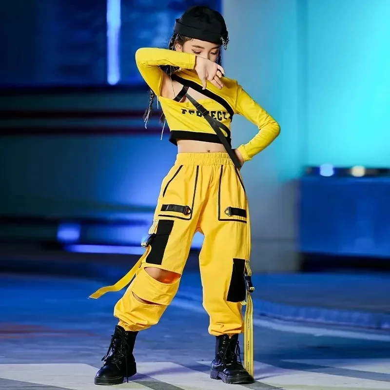 Tragen Sie Ballsaal Hiphop Rave Kleidung Bühnenkostüme Mädchen Hip Hop Tanzkostüme Kinder Gelbe Outfits Jazz Street Dance