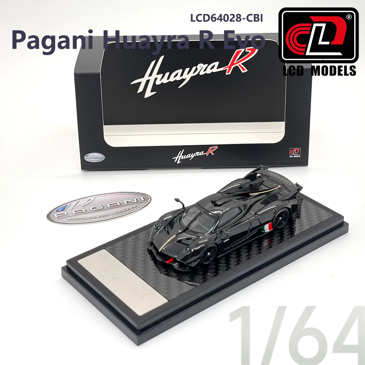 LCD64028-CBI 1:64 Pagani Huayra R Carbon Black with Italian Flag Collectible Model Vehicles Alloy, Hobby Supercar Collection