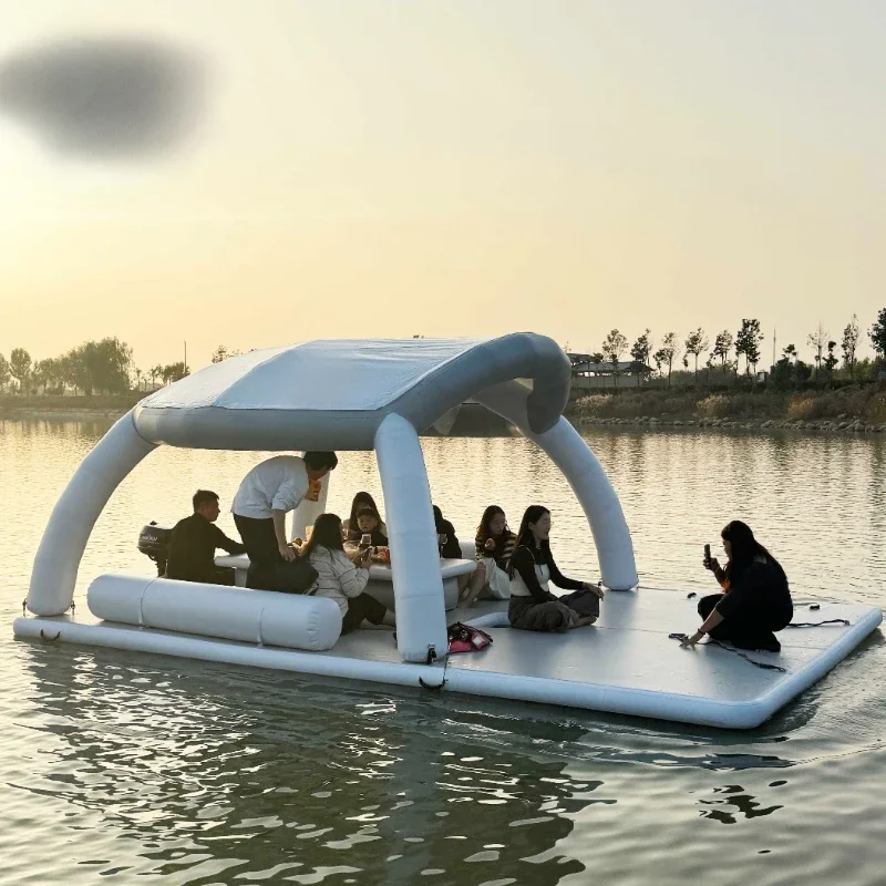 exquisite craftsmanship Summer water inflatable floating island pier inflatable floating leisure platform with tent