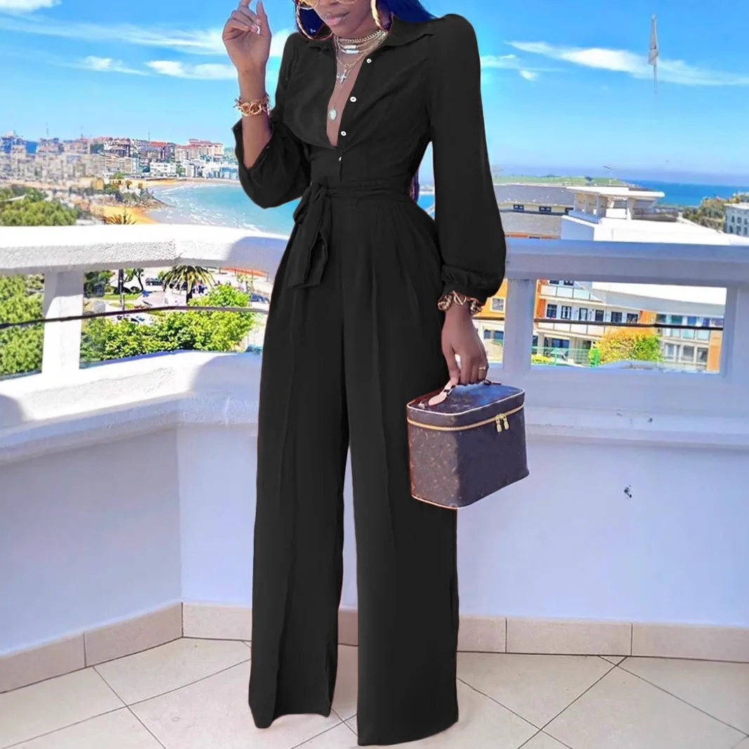 TM8074 レディースの新しいソリッドカラーのハイウエスト ストレート カジュアル シャツ、襟ジャンプスーツとベルト付き
